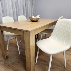 Wooden Dining Table with 4 Cream Gem Patterned Chairs Rusteic Effect Table with Cream Chairs