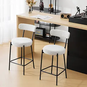 Set of 2 Bar Stools Upholstered Barstools with Curved Back for Kitchen Island, Upholstered Boucle Chair Bar Chairs for Dining