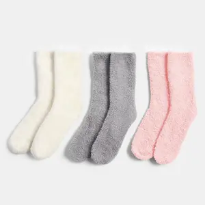 3 x Pairs of Fluffy Fleece Lounge Soft Ladies Socks, Grey, Blush, Cream