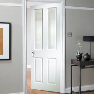 Smooth 4 panel Frosted Glazed White Woodgrain effect Internal Door, (H)1981mm (W)762mm (T)35mm