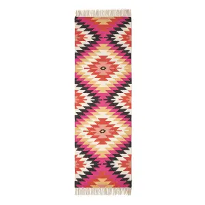 Homescapes Jakarta Handwoven Pink, Orange and Yellow Multi Coloured Geometric Pattern KIlim Wool Rug, 66 x 200 cm