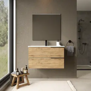 Banyetti Celtic 800mm Wall Hung Basin Unit with Matt Black Handles - Ostippo Oak