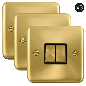 3 PACK - Curved Satin / Brushed Brass 10A 2 Gang 2 Way Ingot Light Switch - Black Trim - SE Home