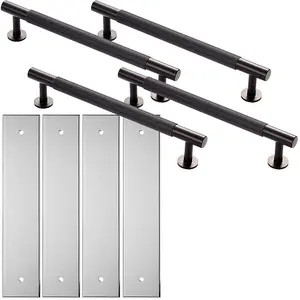 4 PACK - Pull Handle & Contrasting Backplate Set - Reeded Lined T Bar - Matt Black & Chrome