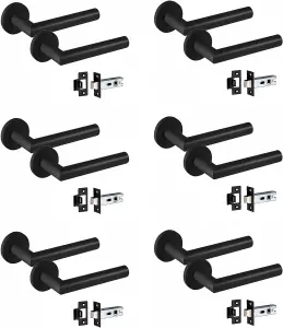 6 Pair of Mitred Design Door Handle On Round Rose Latch Door Handles 2.5" Latch Matt Black Finish  - Golden Grace