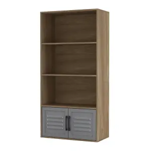 URBNLIVING 4 Tier Oak Wooden Bookcase Cupboard With Grey Metal Doors Storage Display Cabinet Unit