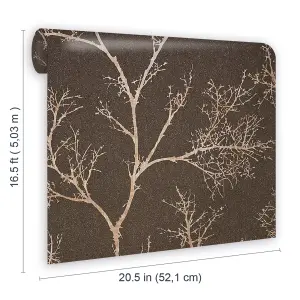 GoodHome Sudeley Brown Metallic effect Icy tree Textured Wallpaper