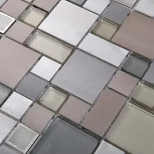 Tourino Grey Gloss & matt Glass effect Flat Aluminium & glass Mosaic tile sheet, (L)300mm (W)300mm