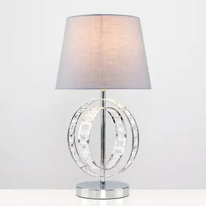 ValueLights Rothwell Pair of Chrome Acrylic Jewel Double Hoop Table Lamps with Grey Light Shades