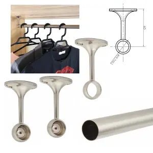 Suspended Round Wardrobe Rail Hanging Tube Pipe 1800mm Brushed Chrome Set with End Brackets