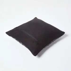 Homescapes Black Real Leather Basketweave Check Suede Cushion with Feather Filling