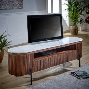 Ancient Mango Wood Large Tv Stand With Marble Top & Metal Legs