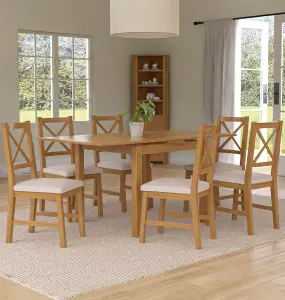 Hallowood Furniture Waverly Small Extending Table with 6 Cross Back Oak Chairs with Beige Fabric Seats