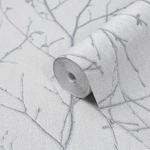 GoodHome Obetia Grey Silver effect Tree Smooth Wallpaper Sample