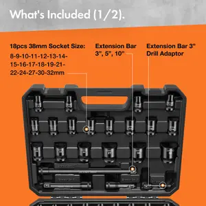 VonHaus Impact Socket Set 1/2 Inch Drive, 40pcs - contains Extension Bar, Drill Adapter, Universal Joint Socket, 1/2 - 3/8 Adapter