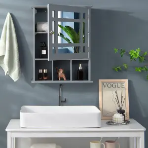 Costway Bathroom Wall Storage Cabinet Wooden Hanging Medicine Organizer W/ Mirror Grey