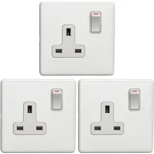 3 PACK 1 Gang DP 13A Switched UK Plug Socket SCREWLESS MATT WHITE Wall Power