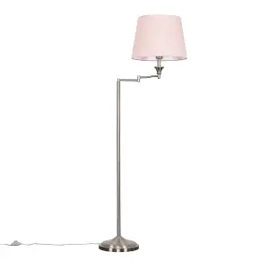 ValueLights Sinatra Adjustable Swing Arm Floor Lamp In Brushed Chrome Finish with Pink Light Shade