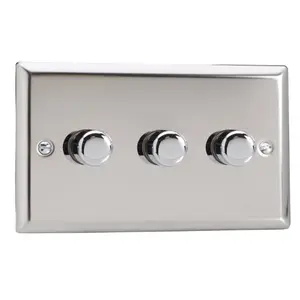 Varilight 3-Gang 2-Way V-Pro Push On/Off Rotary LED Dimmer 3 x 0-120W (Twin Plate) Chrome