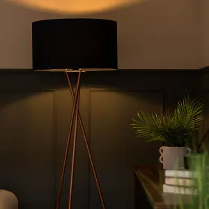 ValueLights Camden Modern Copper Metal Tripod Floor Lamp with Black Cylinder Shade - Includes 6w LED Bulb 3000K Warm White