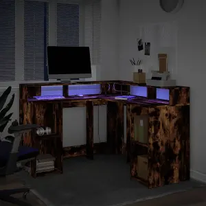 Berkfield Desk with LED Lights Smoked Oak 130x130x91 cm Engineered Wood