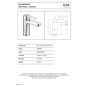 RAK Morning Polished Chrome Modern Basin Sink Mixer Tap Solid Brass