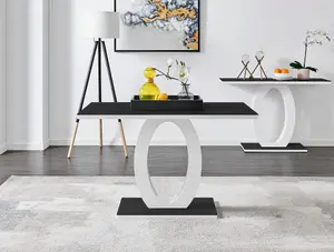 Giovani Rectangular 4 Seat White High Gloss Dining Table with Black Glass Top and Unique Halo Base with 4 Mustard Milan Chairs