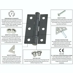 EAI - 3" Internal Door Hinges & Screws G7 FD30  - 76x50x2mm Square - Black