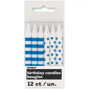 Unique Party Dot And Stripe Birthday Candles (Pack of 12) Royal Blue/White (One Size)