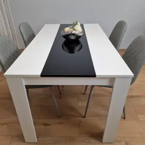 Wooden White Black Dining Table with 4 Grey Stitched Leather Chairs Set