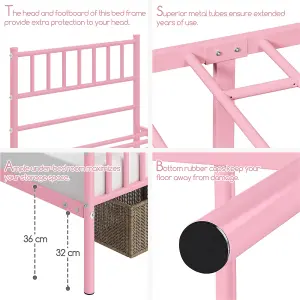 Yaheetech Pink 3ft Single Metal Bed Frame with Slatted Headboard and Footboard