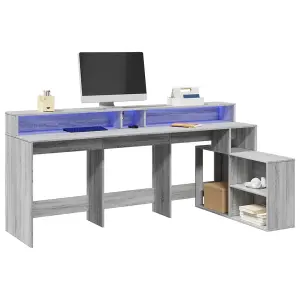 Berkfield Desk with LED Lights Grey Sonoma 200x104x91 cm Engineered Wood