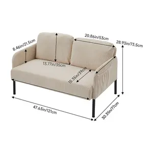 2-Seat Off-White Corduroy Sofa with Two Pillows for Living Room Bedroom or Study