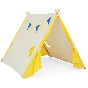 Costway Kids Play Tent Cotton Canvas Playhouse Toddler Castle Tent W/ Solid Wood Frame