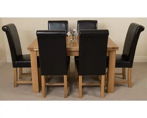 Richmond 140cm - 220cm Oak Extending Dining Table and 6 Chairs Dining Set with Washington Black Leather Chairs