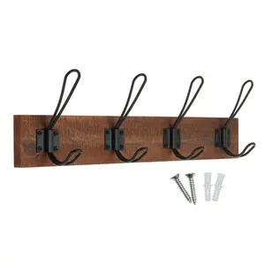 keypak Rustic Wall Mounted Coat Rack, Vintage Double Wire Coat Hooks on Wooden Base, Fixings Included (4 Hooks, Antique Finish)