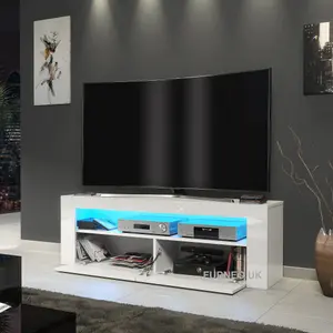 Furneo White TV Stand 125cm Cabinet Unit High Gloss & Matt Clifton03 Blue LED Lights