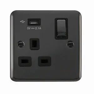 Curved Black Nickel 1 Gang 13A DP Ingot 1 USB Switched Plug Socket - Black Trim - SE Home