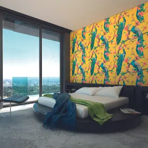 Origin Murals Flowery Peacocks Yellow Matt Smooth Paste the Wall Mural 300cm Wide X 240cm High