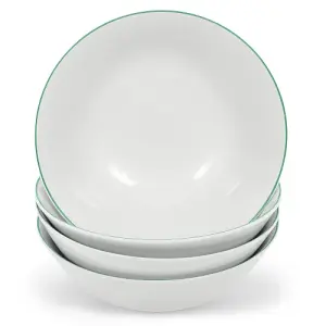 Set of 4 White Ceramic Dinner Bowls with Elegant Green Rim - Durable & Stylish