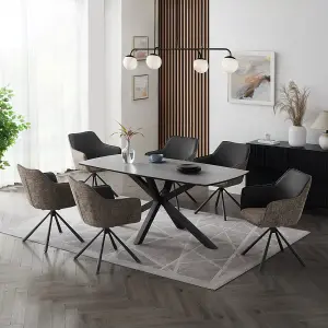 Verona Grey Ceramic Dining Table & Grey/Beige Fabric Porto Swivel Chairs, 6 Seater