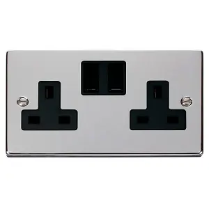 Polished Chrome 2 Gang 13A Twin Double Switched Plug Socket - Black Trim - SE Home