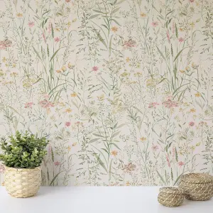 Grandeco Free Flower Neutral Wallpaper Floral Botanical Textured Paste The Wall