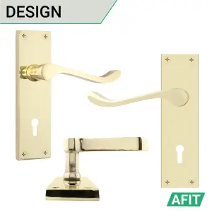 AFIT Polished Brass Victorian Scroll Door Handle Key Lock Set, 1 Pair of Internal Handles on Backplate, Hinges 76mm Sash Lock 64mm