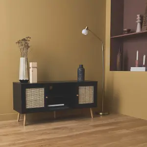 sweeek. 120cm TV stand with wooden and cane effect Boheme Black 120x39x56.5 cm