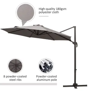 Outsunny 3M Cantilever Parasol Aluminium Garden Umbrella with Crank, Grey