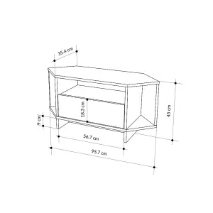 Decortie Modern Viva Corner TV Unit Shelf up to 40 Inch TVs Push to Open Storage Cabinet, 3 Open Shelf 95.7(W)cm Dark Oak Effect