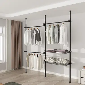 House of Home Telescopic Wardrobe Organiser Double Black Rail Clothes Rack Baskets Storage