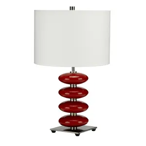 Table Lamp Red Glaze Orbs Polished Nickel White Faux Linen Shade LED E27 60W