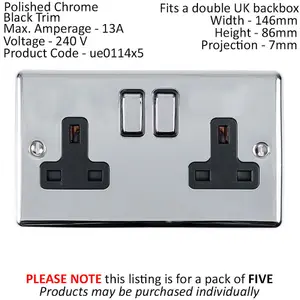 5 PACK 2 Gang Double UK Plug Socket POLISHED CHROME 13A Switched Black Trim